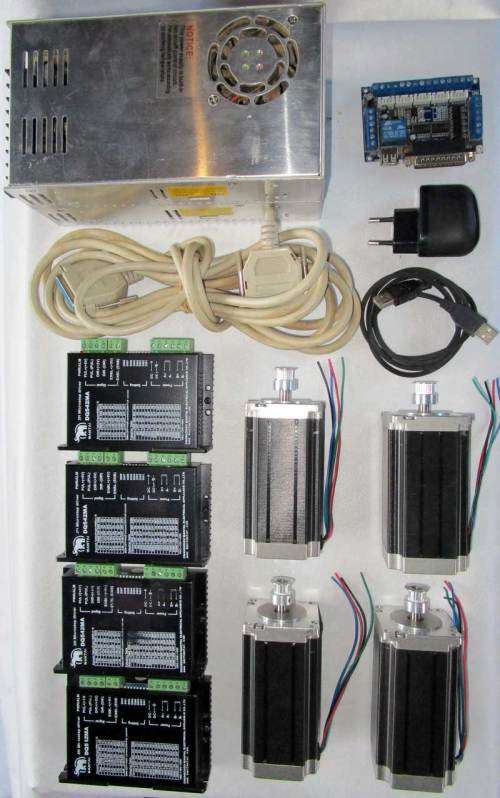 Kit of Stepper Motors, Drivers, 5 Axis Breakout Board, Parallel cable and Power Supply Units