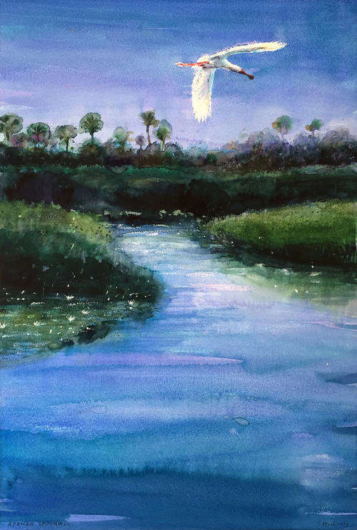 African Spoonbill in flight - watercolour painting