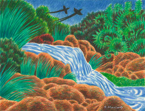 Vintage watercolour - colourful naive style landscape