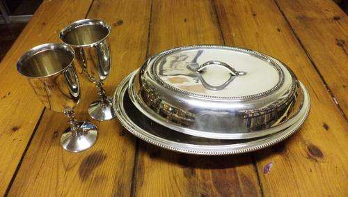 R1/NR!! LOVELY OVAL SILVER PLATED TUREEN AND TWO SILVER PLATED WINE GLASSES