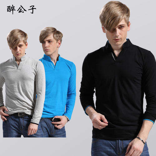 Cotton Men's V Neck Slim Printing Long Sleeve Shirt by NY