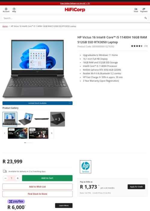 Core i5 11th gen HP Victus 16 Gaming, 16G RAM, 512 NVMe, RTX3050, 144Mhz, 1 Wnty, FREE BAG, UNBOXED