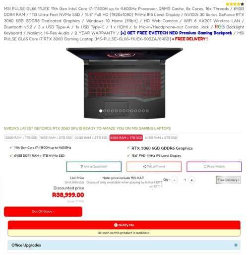 Core i7 11th gen MSI PULSE GL66, 32G RAM, 1TB NVMe, 6G RTX3060, 144Mhz, 1 Wnty,  BOXED, Late ENRTY