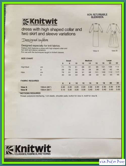 COMPLETE - KNITWIT PATTERN 640: DRESS HIGH SHAPED COLLAR (SIZE 6 - 22)