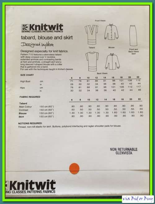 COMPLETE - KNITWIT PATTERN 710: TABARD, BLOUSE AND SKIRT (SIZE 6 - 22)