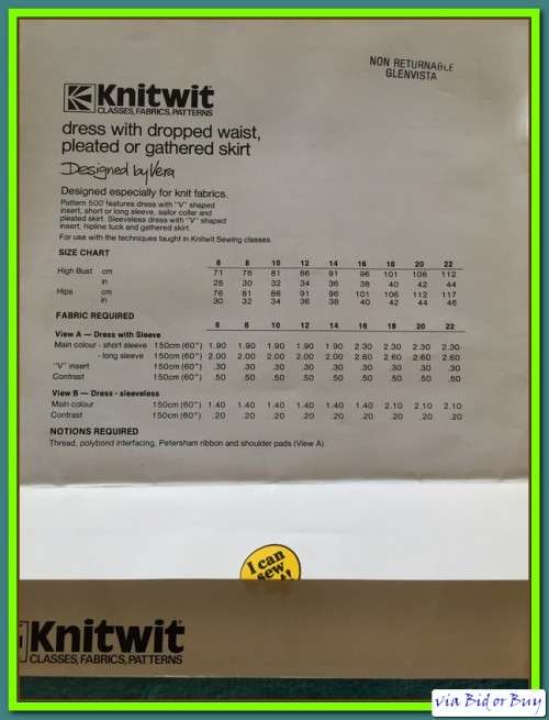 COMPLETE - KNITWIT PATTERN 500: DRESS WITH DROPPED WAIST, PLEATED OR GATHERED SKIRT (SIZE 6 - 22)
