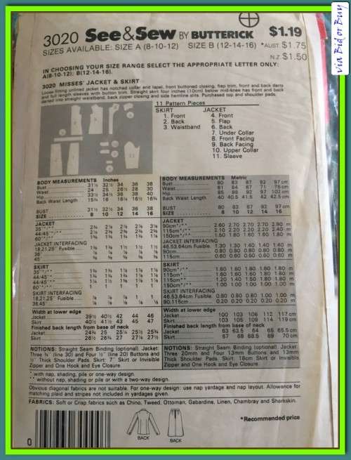 PATTERN SEE & SEW 3020 MISSES' JACKET & SKIRT (SIZES 8 - 16)