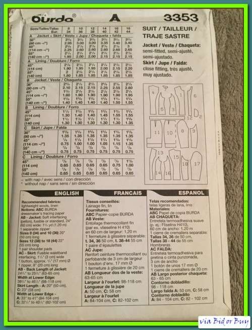 PATTERN BURDA 3353 - SUIT (UNUSED)(SIZE 8 - 18)