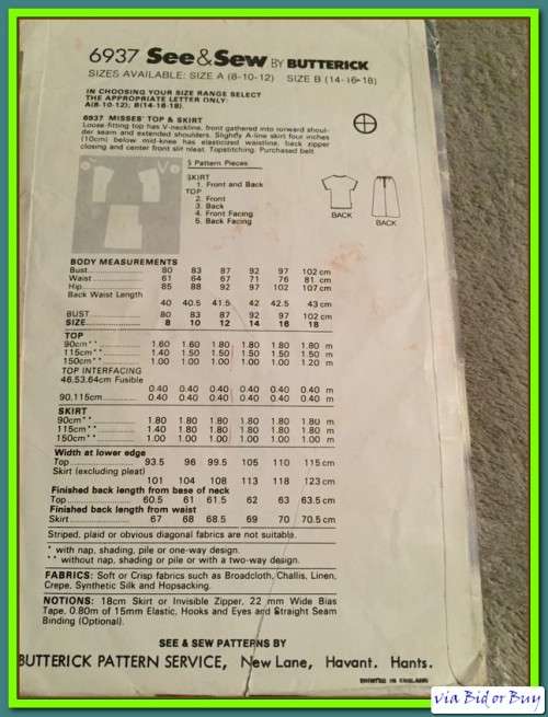 PATTERN SEE & SEW 6937 - TOP & SKIRT (SIZE 8/10/12)