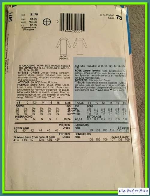 PATTERN SEE & SEW 5411 - DRESS (UNUSED)(SIZE 8-18)