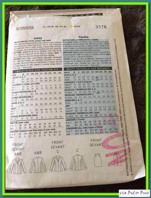 PATTERN BUTTERICK 3578 - JACKET/SKIRT (SIZE 12,14,16)