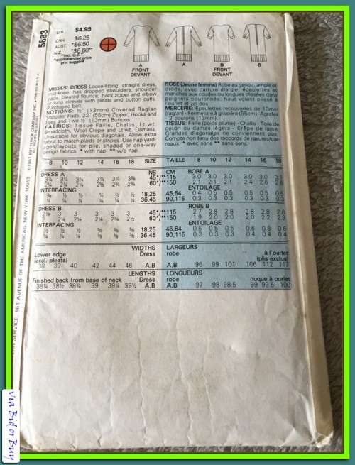 PATTERN BUTTERICK 5883 - DRESS (SIZE 12, 8-18)