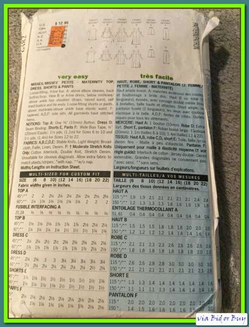 PATTERN BUTTERICK 6482 - MATERNITY TOP, DRESS, SHORTS & PANTS (SIZE 6-8-10, 6-22)