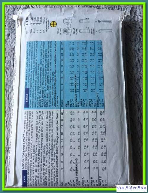 PATTERN BUTTERICK 6902 - TOP SKIRT & PANTS (SIZE 12-14-16, 6-22)