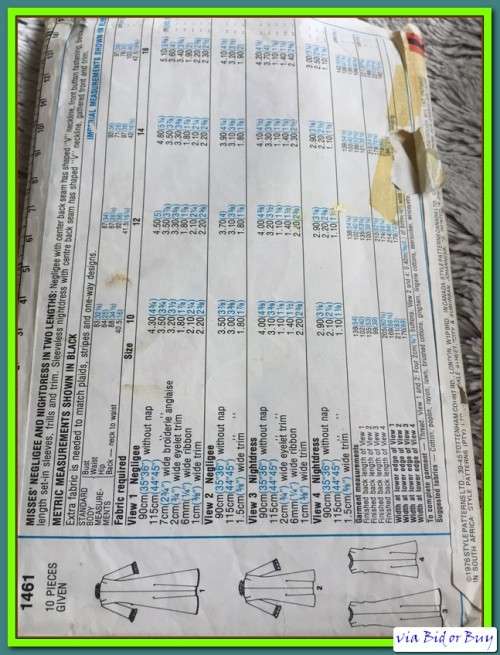 PATTERN STYLE 1461 - NEGLIGEE & NIGHTDRESS (UNUSED)(SIZE 10, 10-16)