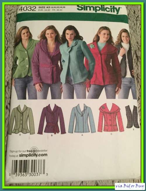 PATTERN SIMPLICITY 4032 - JACKETS/VEST (UNUSED)(SIZE 8-10-12-14-16.....8-24)