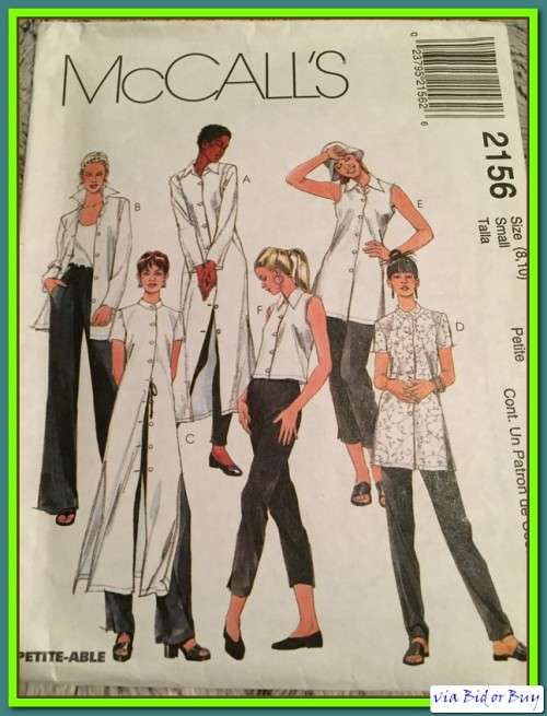PATTERN MCCALL'S 2156 - SHIRT IN 3 LENGTHS (SIZE 8, 10....XS - XL)
