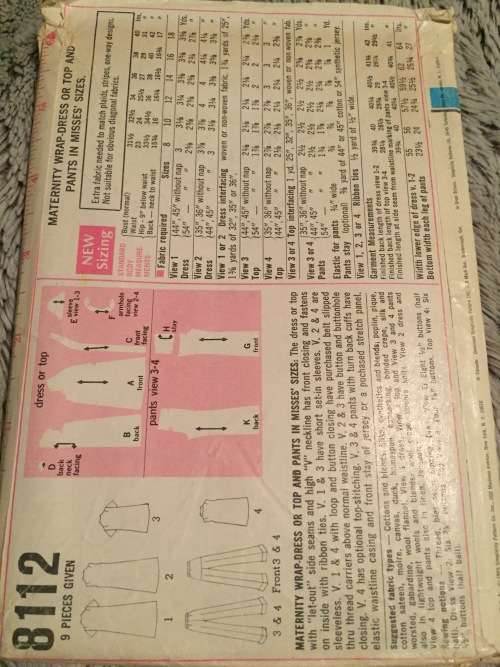 PATTERN SIMPLICITY 8112 (VINTAGE) - MATERNITY WRAP DRESS OR TOP AND PANTS (SIZE 14....8-18)