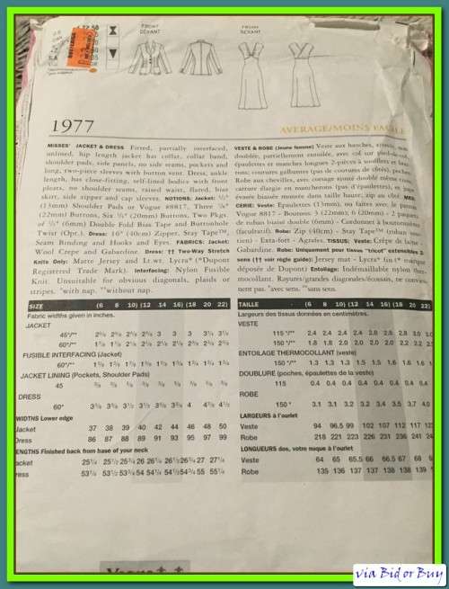 PATTERN VOGUE 1977 (EMANUEL UNGARO) - JACKET & DRESS (12-14-16, 6-22)