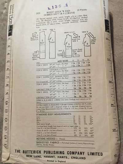 PATTERN BUTTERICK 2920 - SKIMMER SHIFT (SIZE 14, 10-16)