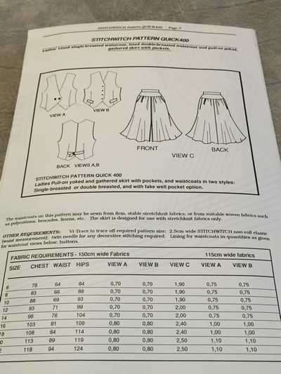 PATTERN STITCHWITCH 400 - (UNUSED) SINGLE BREASTED WAIST COAT & SKIRT (SIZE 6-22)