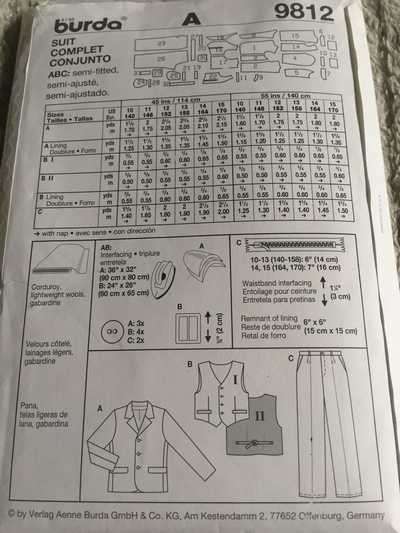 PATTERN BURDA 9812 - BOYS' SUIT (SIZE 10-15)