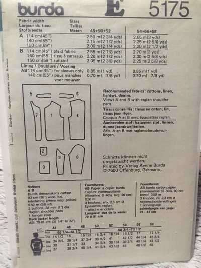 PATTERN BURDA 5175 (UNUSED) MEN'S JACKET (SIZE 38-48)