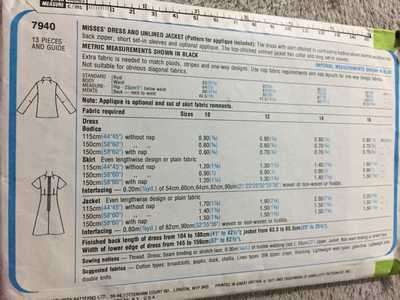 PATTERN SIMPLICITY 7940 - DRESS and JACKET (SIZE 12)