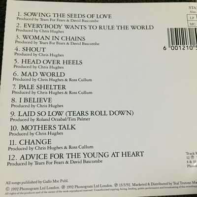 CD - TEARS FOR FEARS: TEARS ROLL DOWN (GREATEST HITS 82-92)