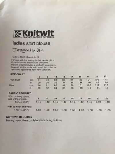 PATTERN KNITWIT 3600 - LADIES SHIRT BLOUSE (SIZE 6-22)