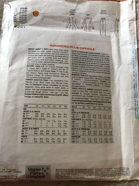 PATTERN VOGUE 1251 (STATE OF CLAUDE MONTANA) - JACKET AND PANTS (SIZE 8-10-12)