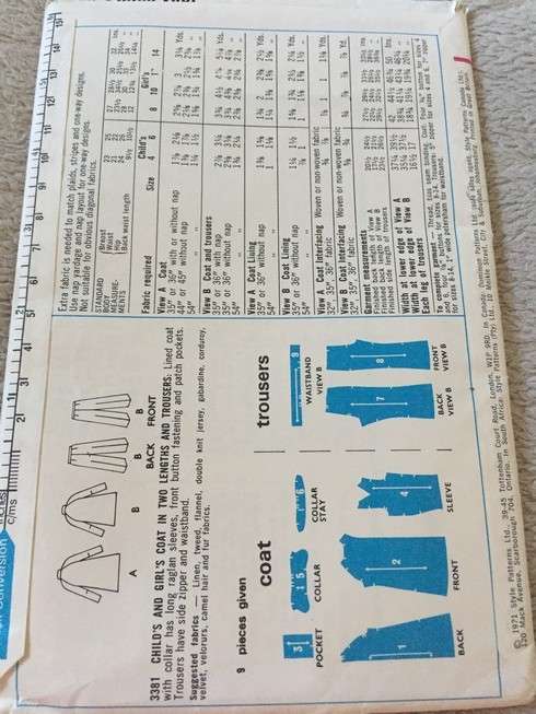 PATTERN STYLE 3381 - CHILD'S AND GIRL'S COAT AND TROUSERS (SIZE 10)