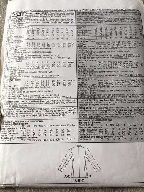 PATTERN - MCCALL`S 2341 (UNUSED) - JACKET (SIZE 16)
