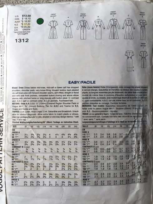 PATTERN VOGUE 1312 - DRESS (SIZE 14-16-18)