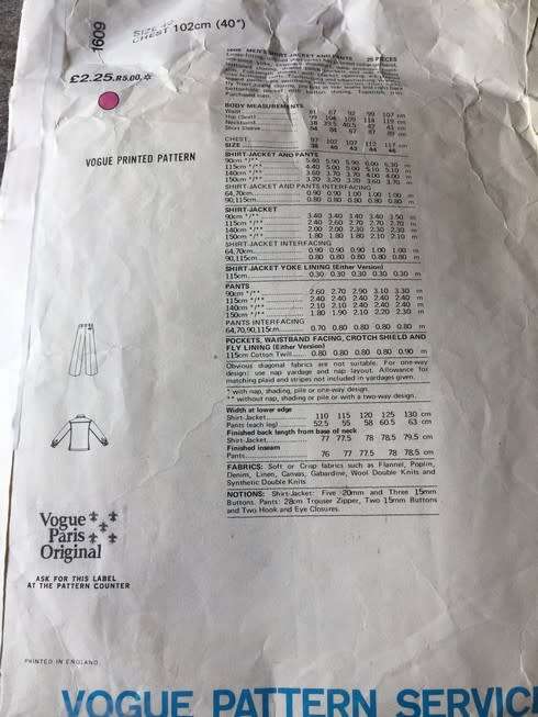 PATTERN VOGUE 1609 (CHRISTIAN DIOR) - MEN`S SHIRT, JACKET AND PANTS (SIZE 40)