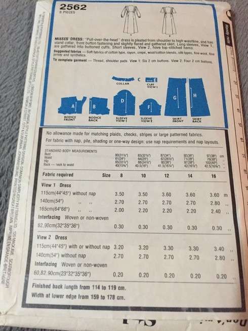 PATTERN STYLE 2562 (VINTAGE) - DRESS (SIZE 12)