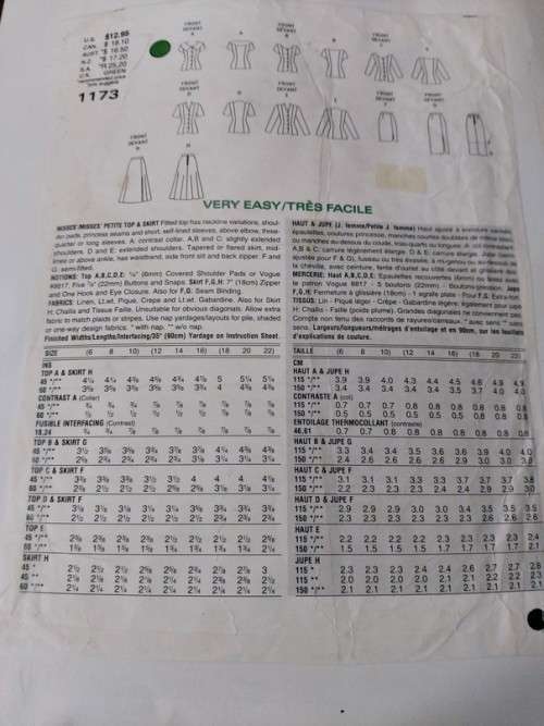 PATTERN VOGUE 1173 - TOP & SKIRT (SIZE 12-14-16)