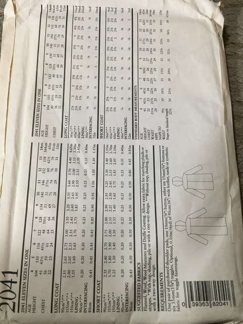 PATTERN NEW LOOK 2041 (UNUSED) - KIDS' LONG COAT, SHORT COAT (AGE 4-14YRS)