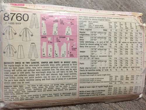 PATTERN SIMPLICITY 8760 (VINTAGE)(COMPLETE) - MATERNITY DRESS, JUMPER AND PANTS (SIZE 12)