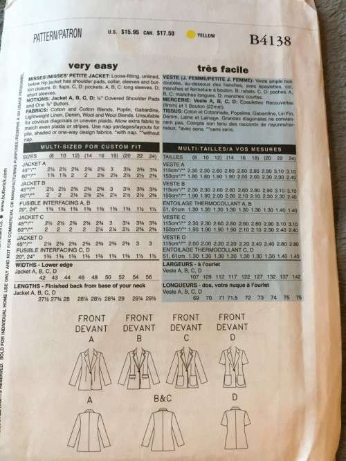 PATTERN BUTTERICK 4138 (UNUSED) - JACKET (SIZE 8-10-12)