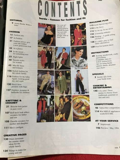 PATTERNS - BURDA MAGAZINE (A WORLD OF FASHION) APR 1994 (WITH MORE THAN 40 PATTERNS)(UNUSED)