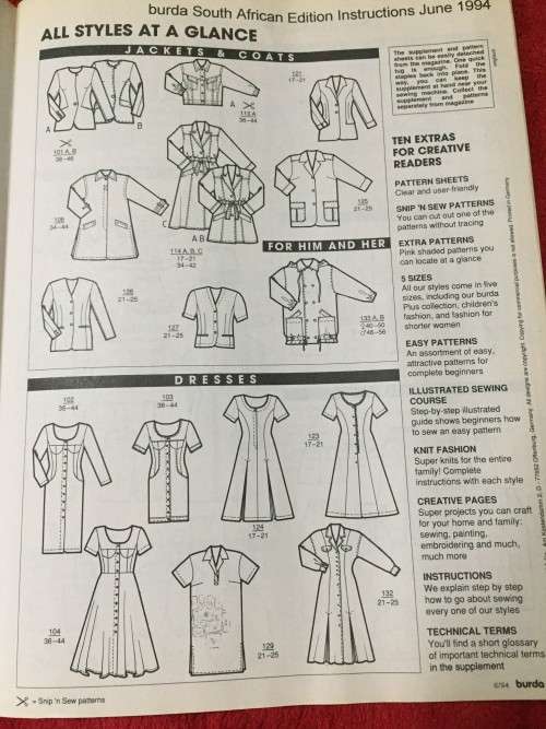 PATTERNS - BURDA MAGAZINE (A WORLD OF FASHION) JUNE 1994 (IN 5 SIZES)(UNUSED)