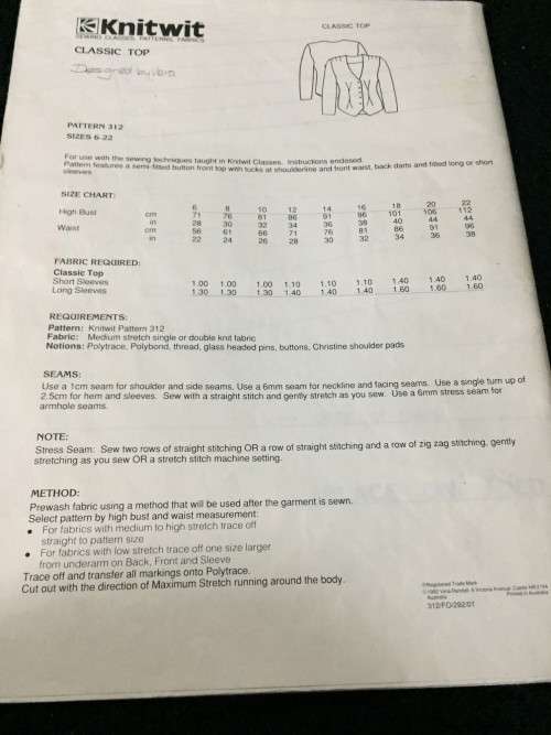PATTERN KNITWIT 312 - CLASSIC TOPS (SIZE 6 -22)