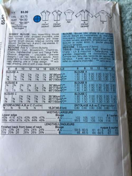 PATTERN BUTTERICK 6542 - BLOUSE (SIZE 12-14-16)