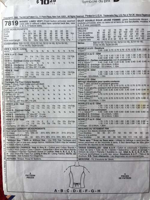PATTERN MCCALL'S 7819 (UNUSED) - VESTS VARIATIONS (SIZE 14-16-18)