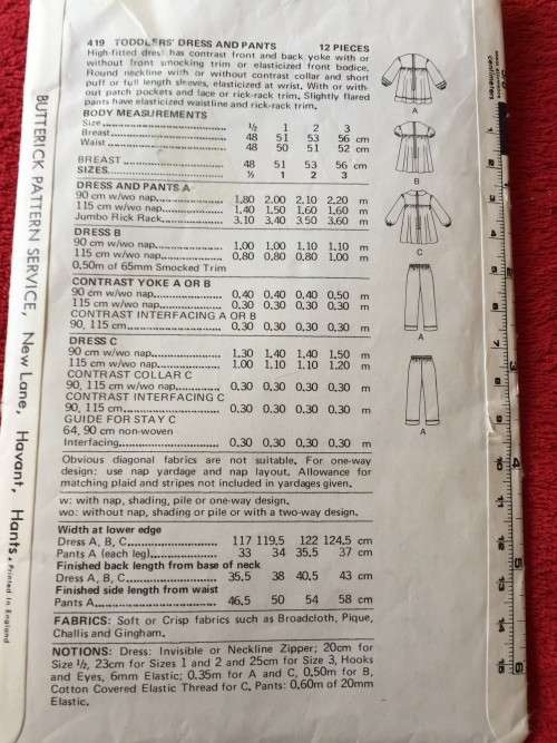 PATTERN BUTTERICK 419 - TODDLERS' DRESS AND PANTS (SIZE 1/2)