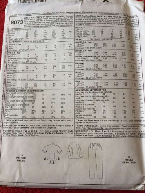 PATTERN MCCALL'S 8073 (UNUSED) - GIRLS' TOP, PANTS OR SHORTS & SKIRT (SIZE 10-12-14)