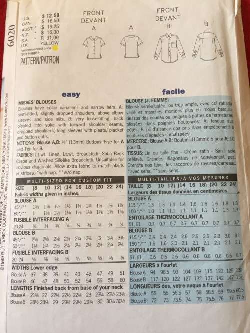 PATTERN BUTTERICK 6020 - BLOUSES (SIZE 14-16-18)