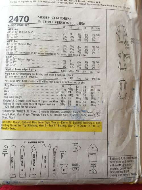 PATTERN MCCALL'S 2470 (VERY VINTAGE) - COATDRESS (SIZE 16)