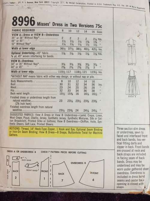 PATTERN MCCALL'S 8996 (VERY VINTAGE) - DRESS IN 2 BEAUTIFUL VERSIONS (SIZE 12)